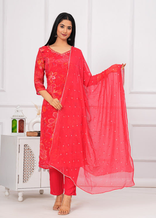 Chinon Straight Kurti Pant Dupatta Set