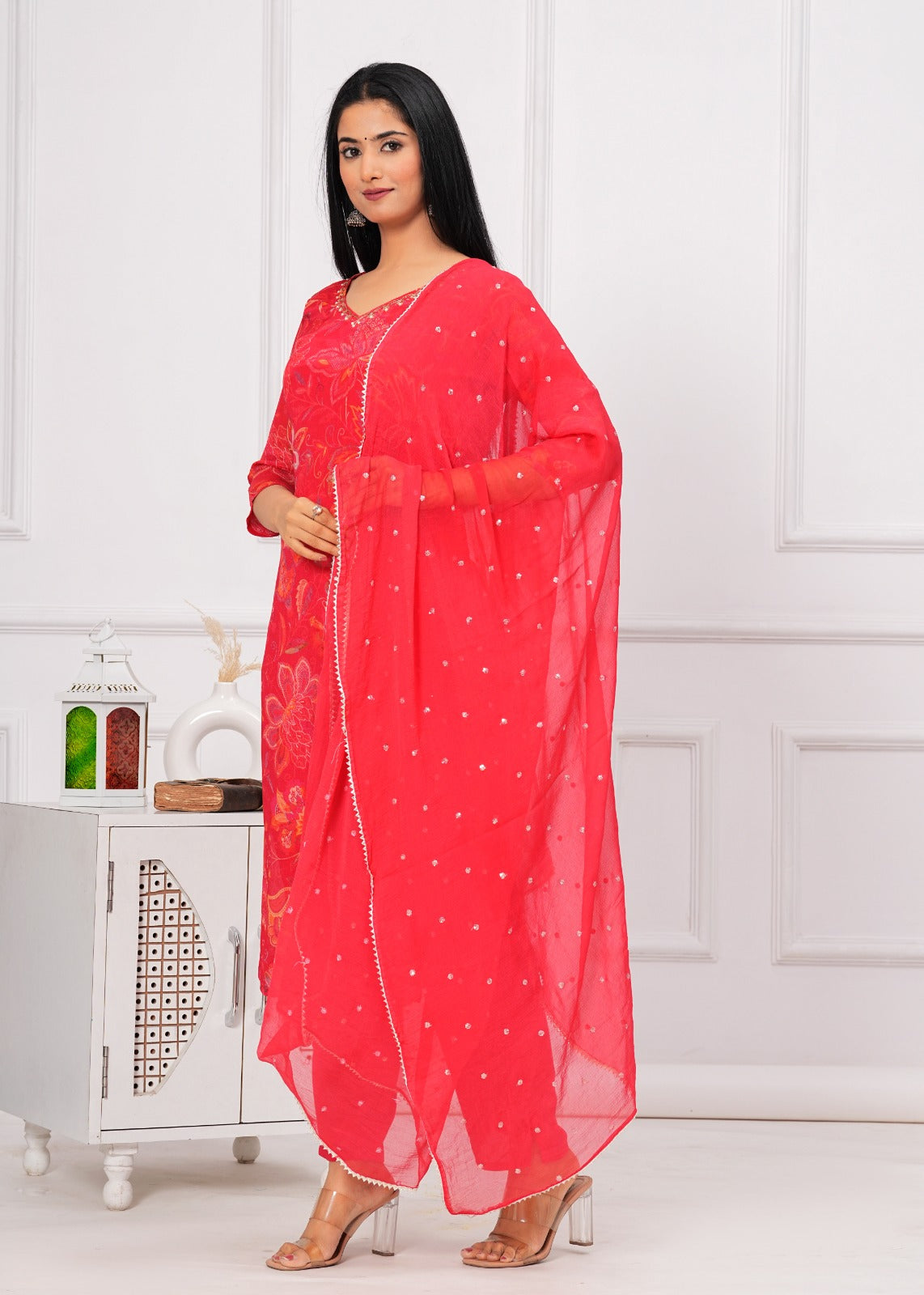 Chinon Printed Straight Kurti with Pant and Dupatta