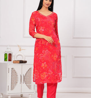 Chinon Printed Straight Kurti with Pant and Dupatta