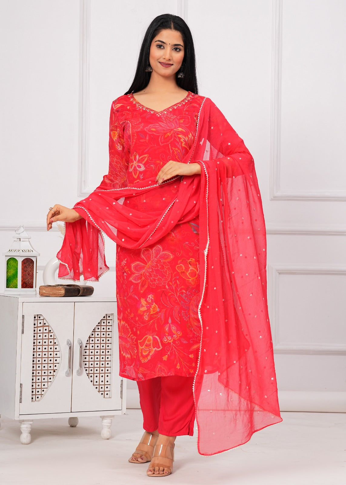 Chinon Printed Straight Kurti with Pant and Dupatta