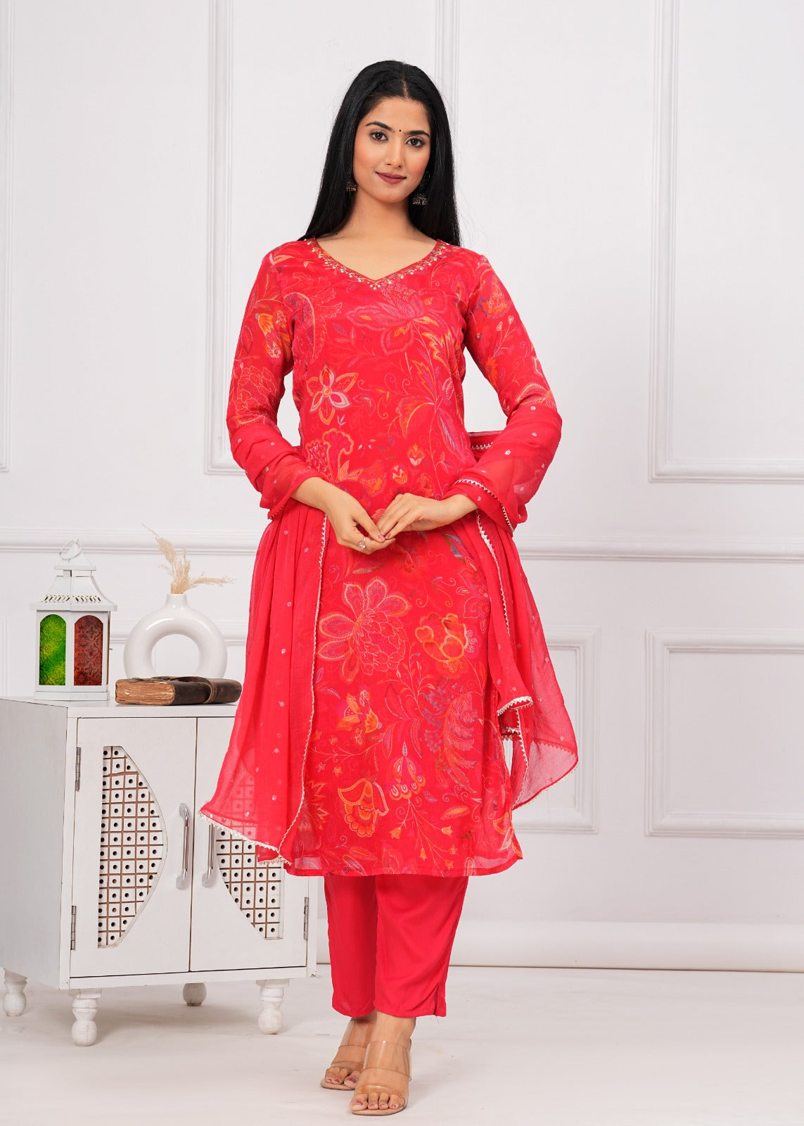 Chinon Printed Straight Kurti with Pant and Dupatta