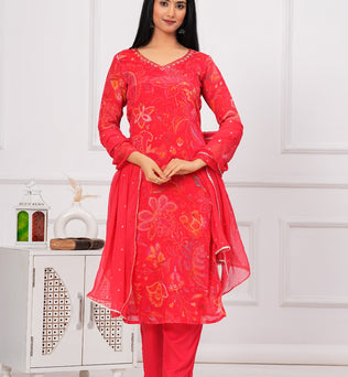 Chinon Printed Straight Kurti with Pant and Dupatta