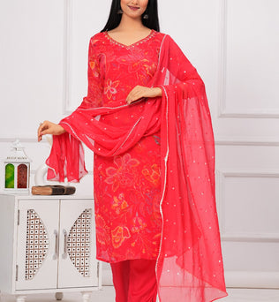 Chinon Printed Straight Kurti with Pant and Dupatta