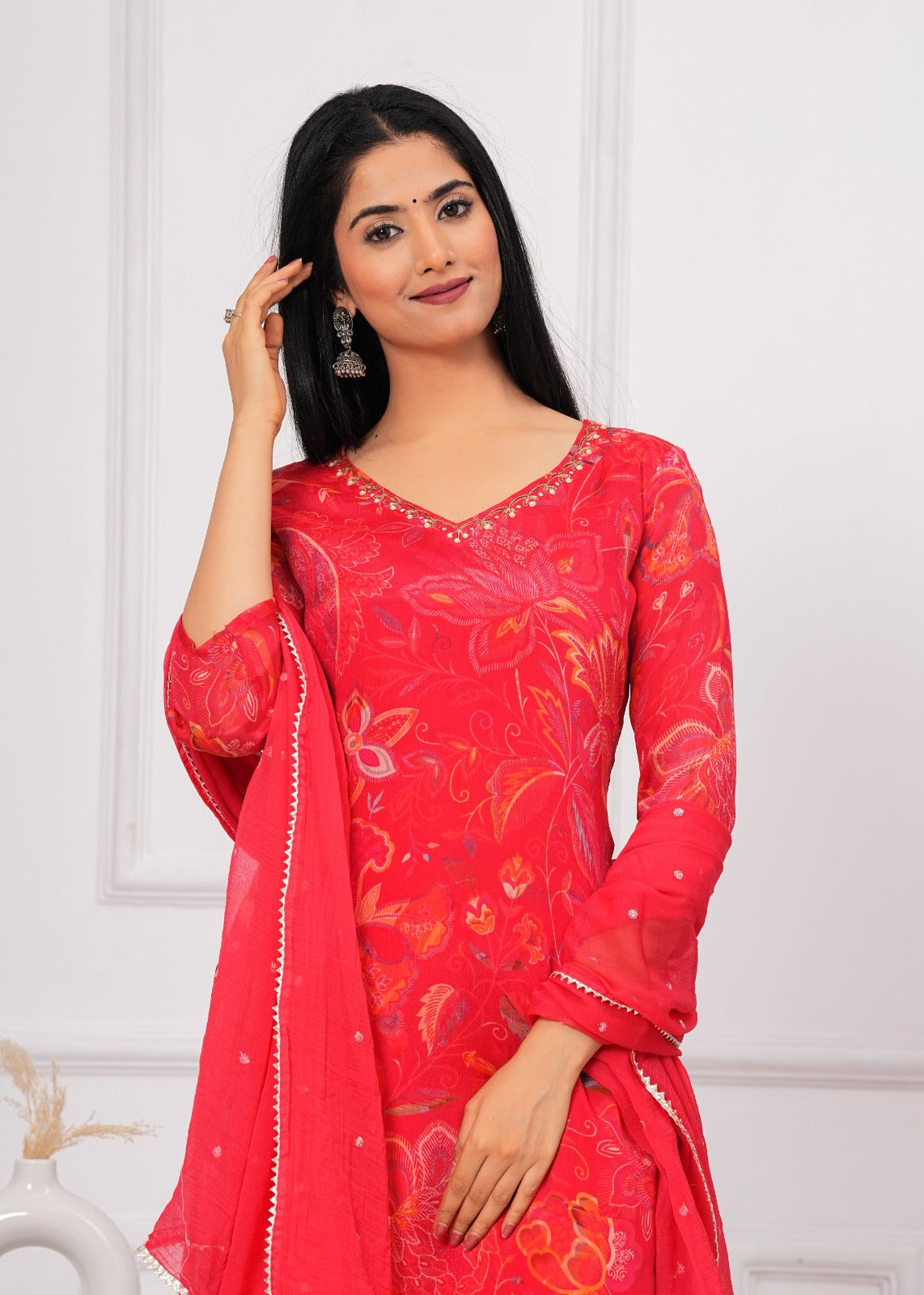 Chinon Printed Straight Kurti with Pant and Dupatta