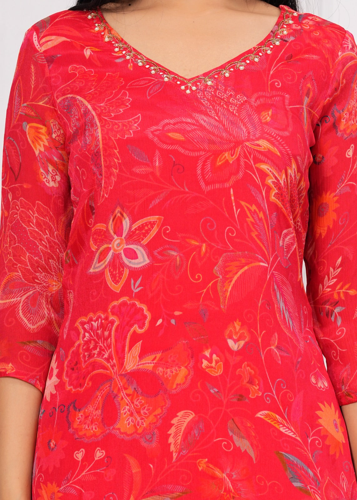 Chinon Printed Straight Kurti with Pant and Dupatta