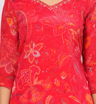 Chinon Printed Straight Kurti with Pant and Dupatta