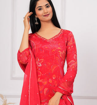 Chinon Printed Straight Kurti with Pant and Dupatta