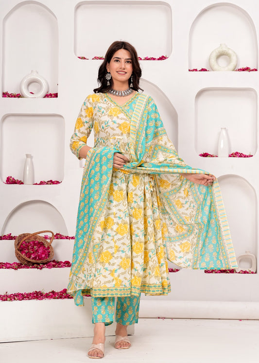 Cotton Anarkali Kurti with Pant and Dupatta