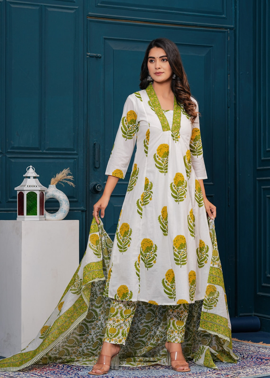 Cotton Printed A-line Kurti with Pant and Dupatta Albelee Cotton Printed A-line Kurti with Pant and Dupatta Albelee