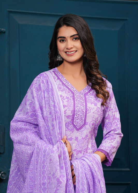 Cotton Printed Straight Kurti with Pant and Dupatta