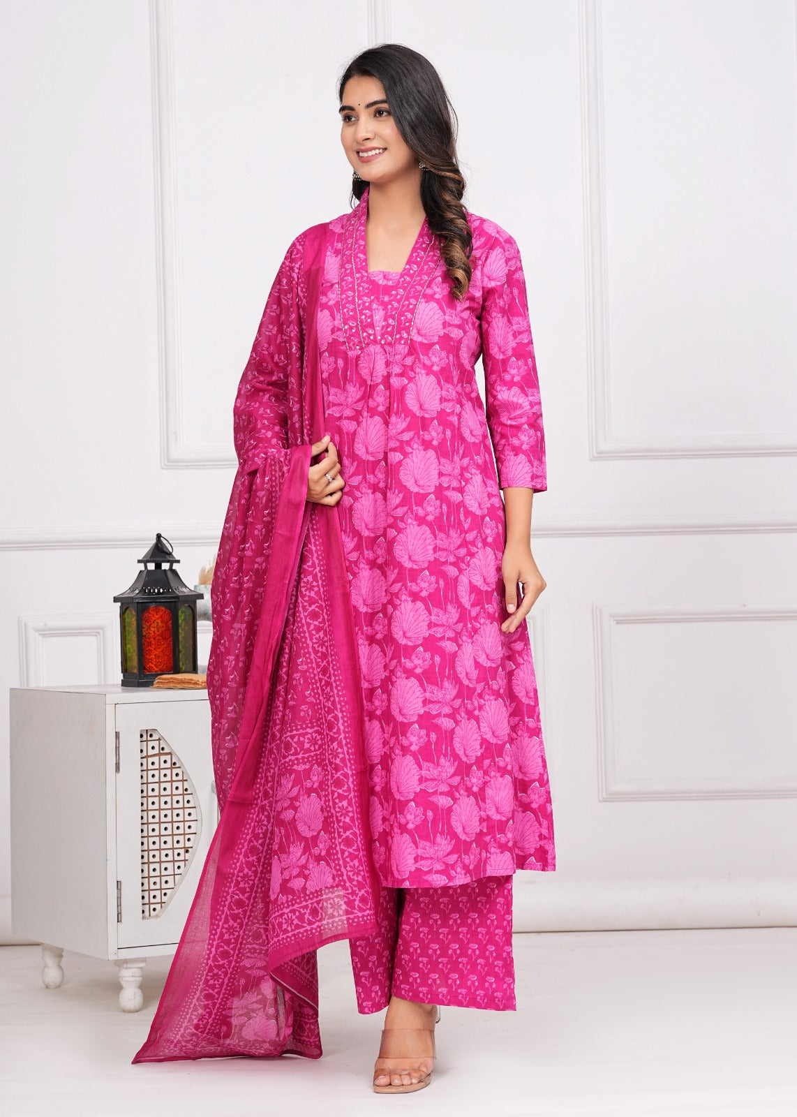 Cotton Printed A-line Kurti with Plazo and Dupatta