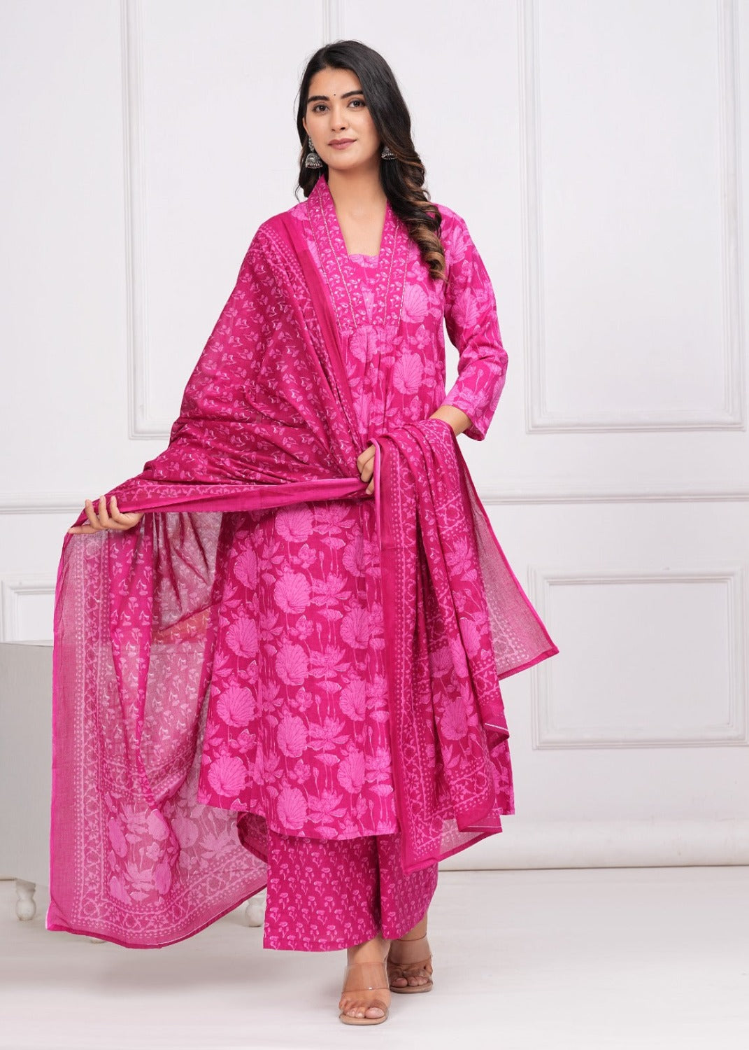 Cotton Printed A-line Kurti with Plazo and Dupatta