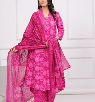 Cotton Printed A-line Kurti with Plazo and Dupatta