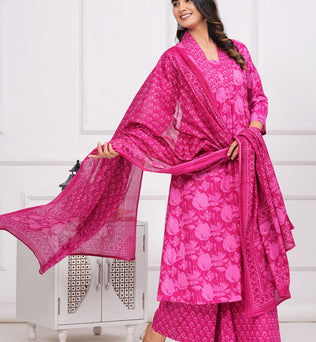 Cotton Printed A-line Kurti with Plazo and Dupatta