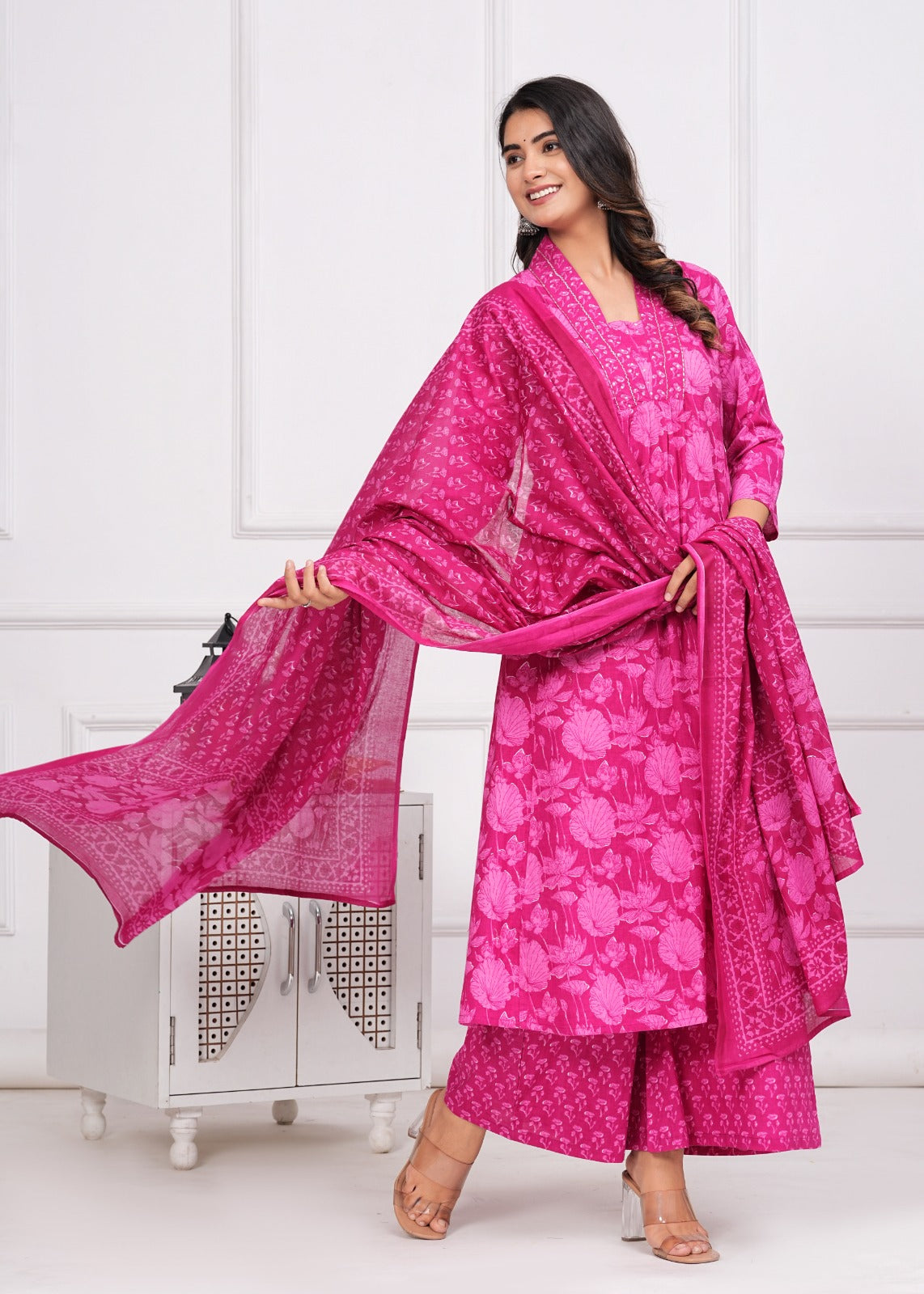 Cotton Printed A-line Kurti with Plazo and Dupatta