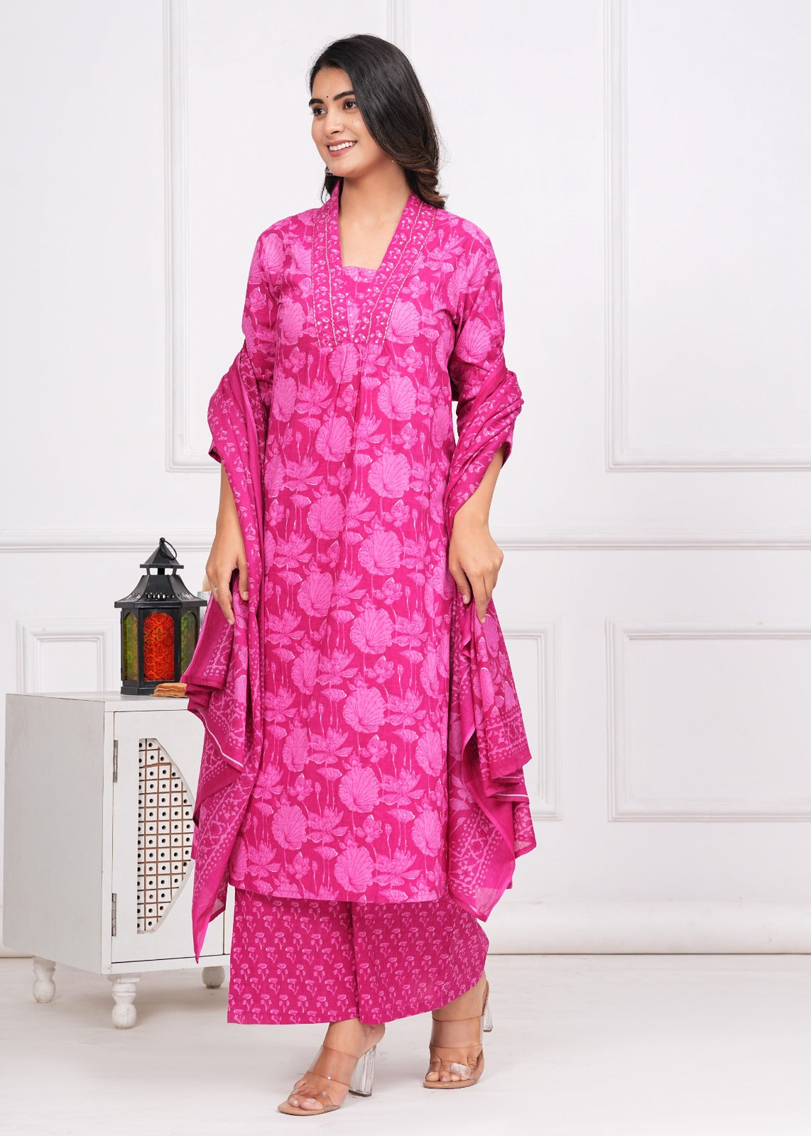 Cotton Printed A-line Kurti with Plazo and Dupatta