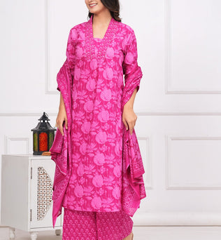 Cotton Printed A-line Kurti with Plazo and Dupatta