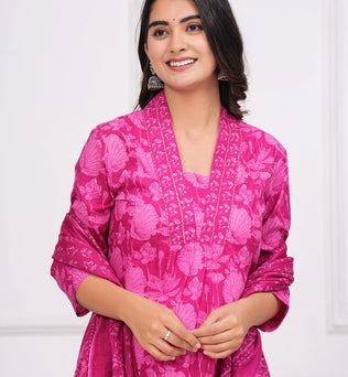 Cotton Printed A-line Kurti with Plazo and Dupatta