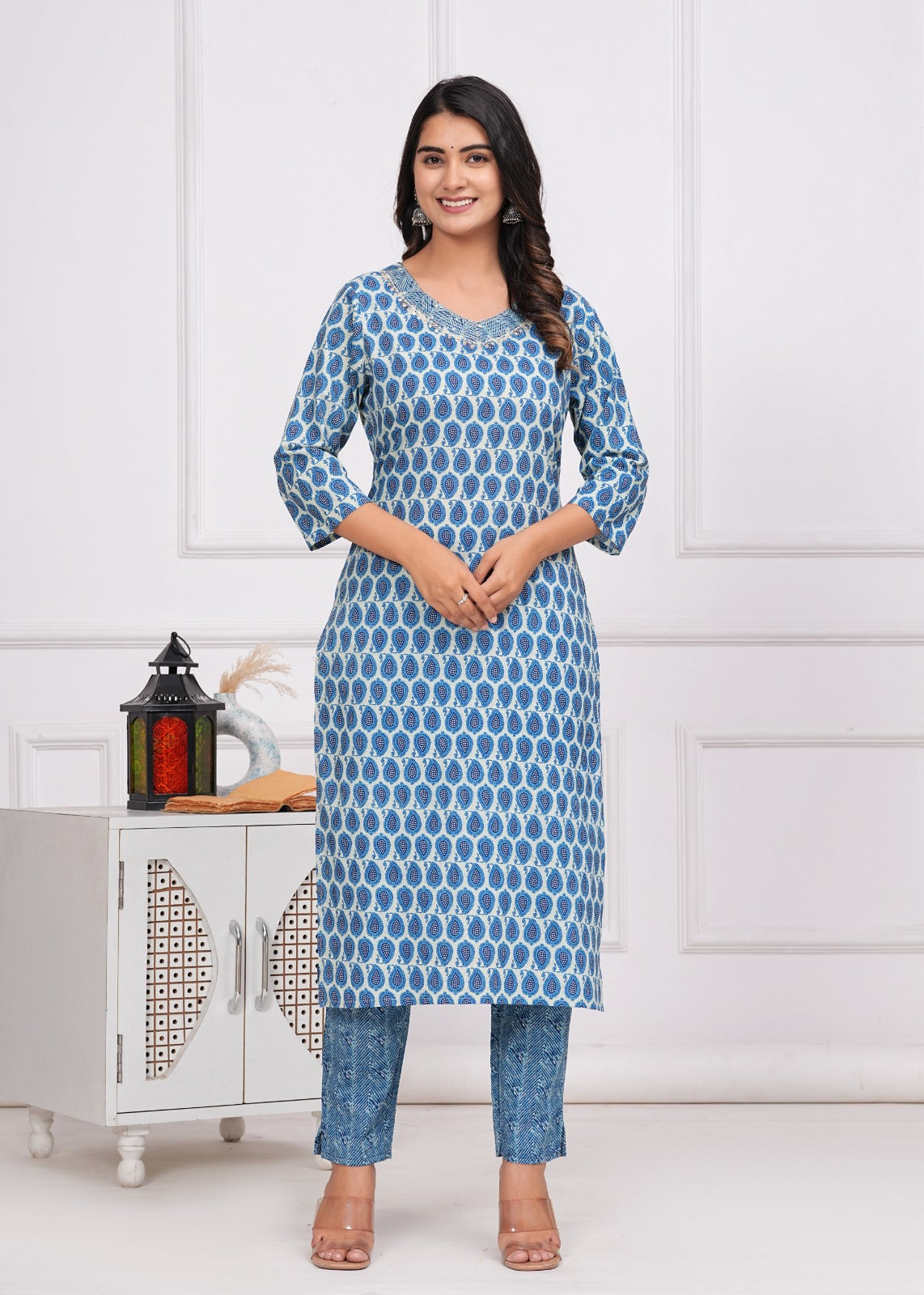 Cotton Printed Straight Kurti with Pant and Dupatta