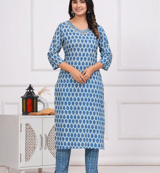 Cotton Printed Straight Kurti with Pant and Dupatta