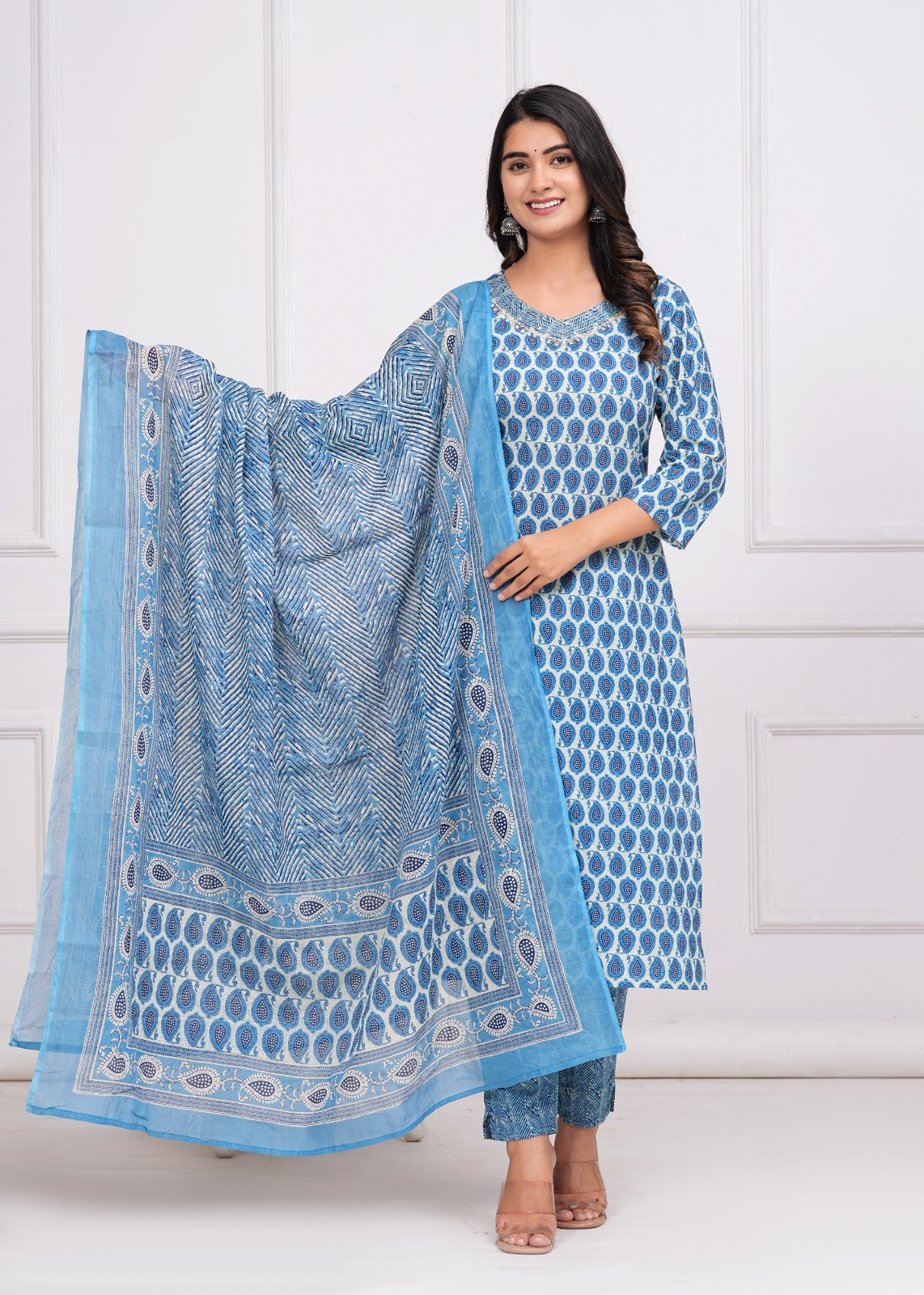 Cotton Printed Straight Kurti with Pant and Dupatta