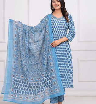 Cotton Printed Straight Kurti with Pant and Dupatta