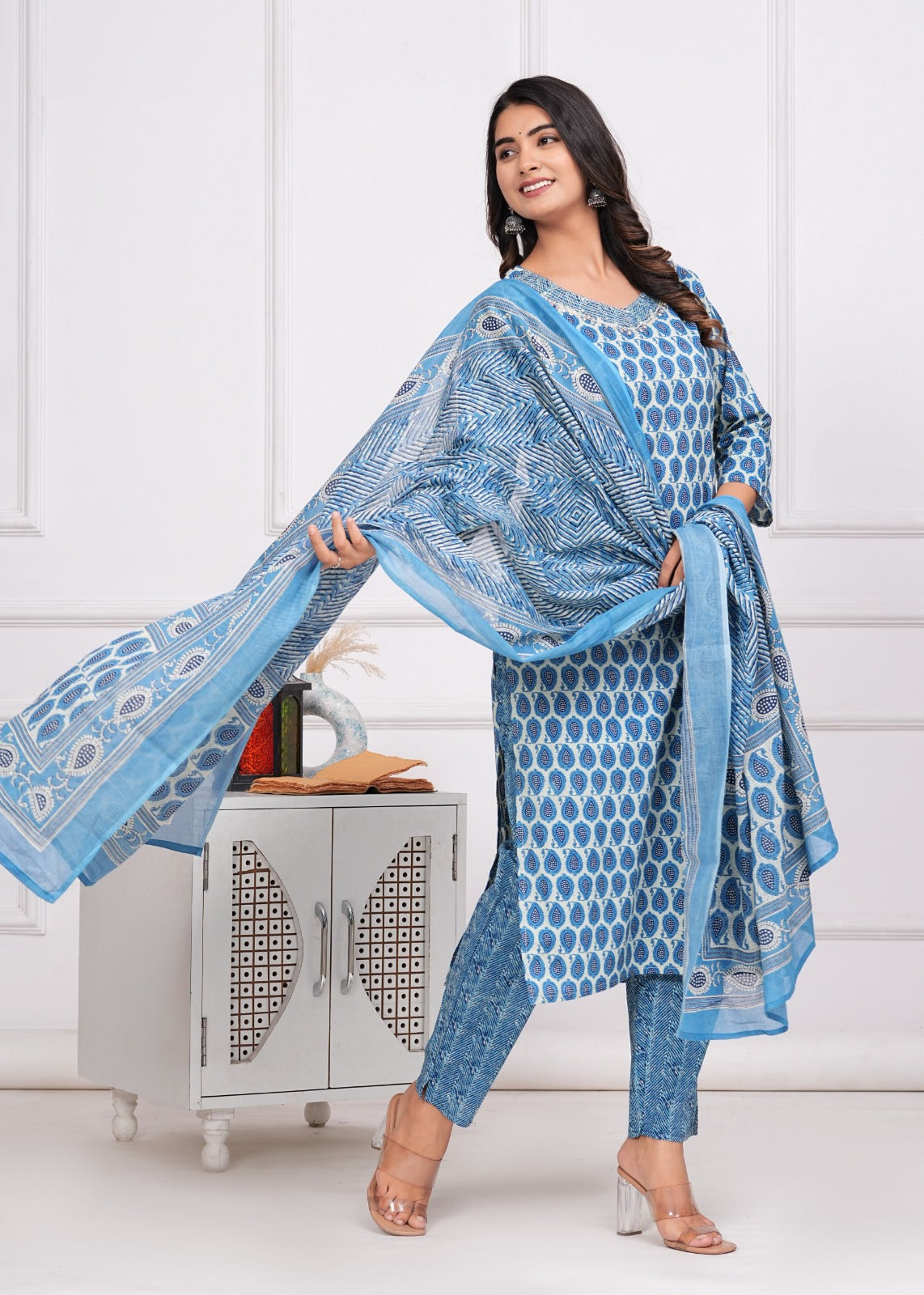 Cotton Printed Straight Kurti with Pant and Dupatta