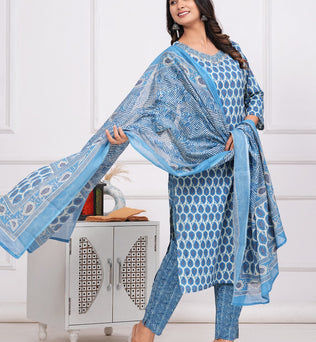 Cotton Printed Straight Kurti with Pant and Dupatta