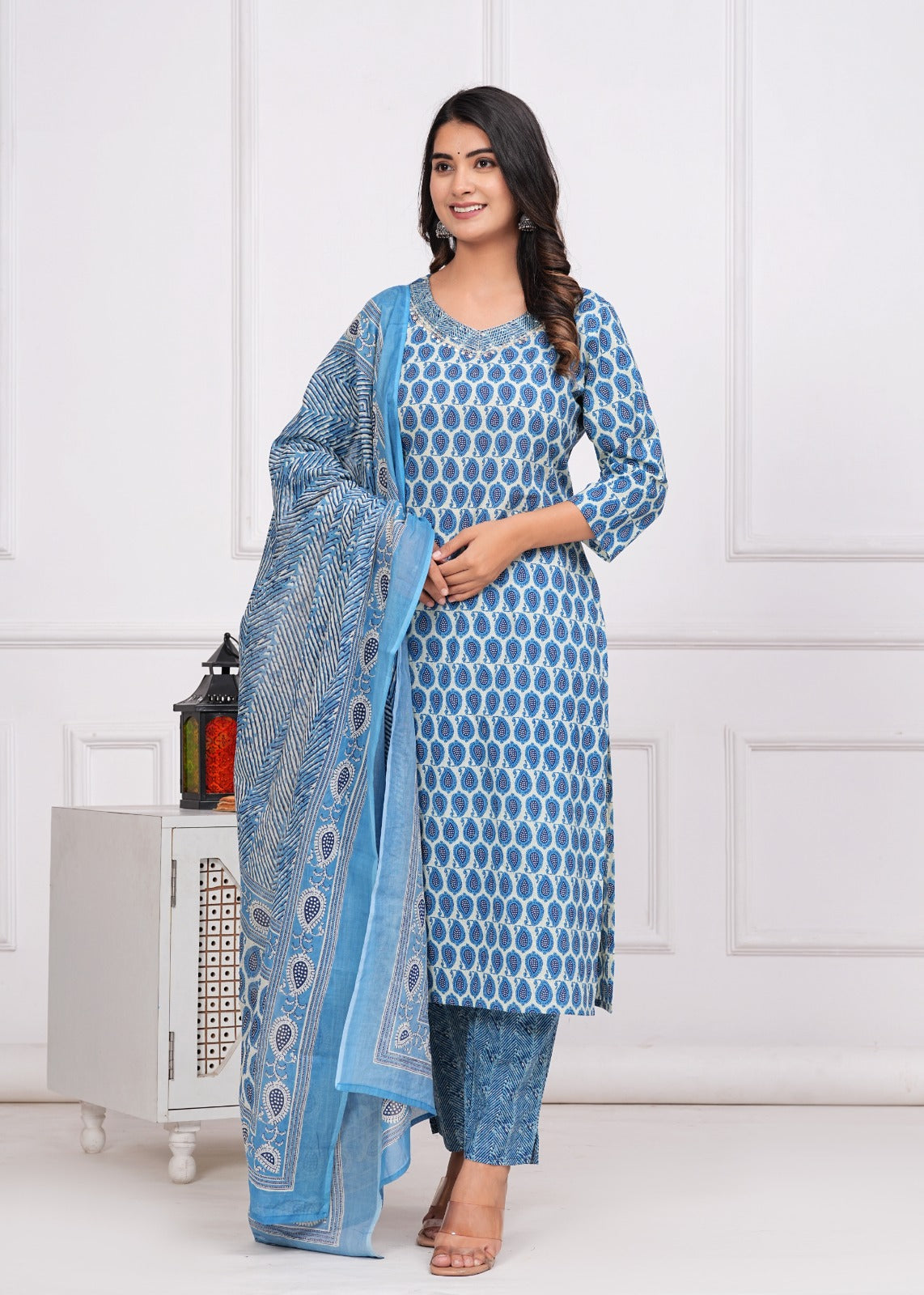 Cotton Printed Straight Kurti with Pant and Dupatta