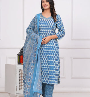 Cotton Printed Straight Kurti with Pant and Dupatta