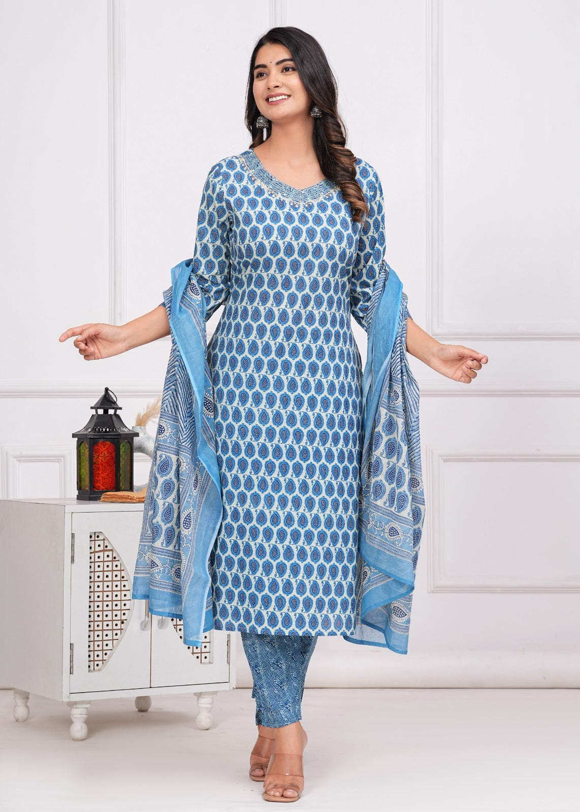 Cotton Printed Straight Kurti with Pant and Dupatta