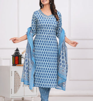 Cotton Printed Straight Kurti with Pant and Dupatta