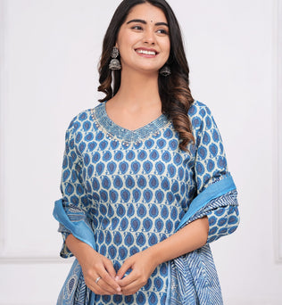 Cotton Printed Straight Kurti with Pant and Dupatta