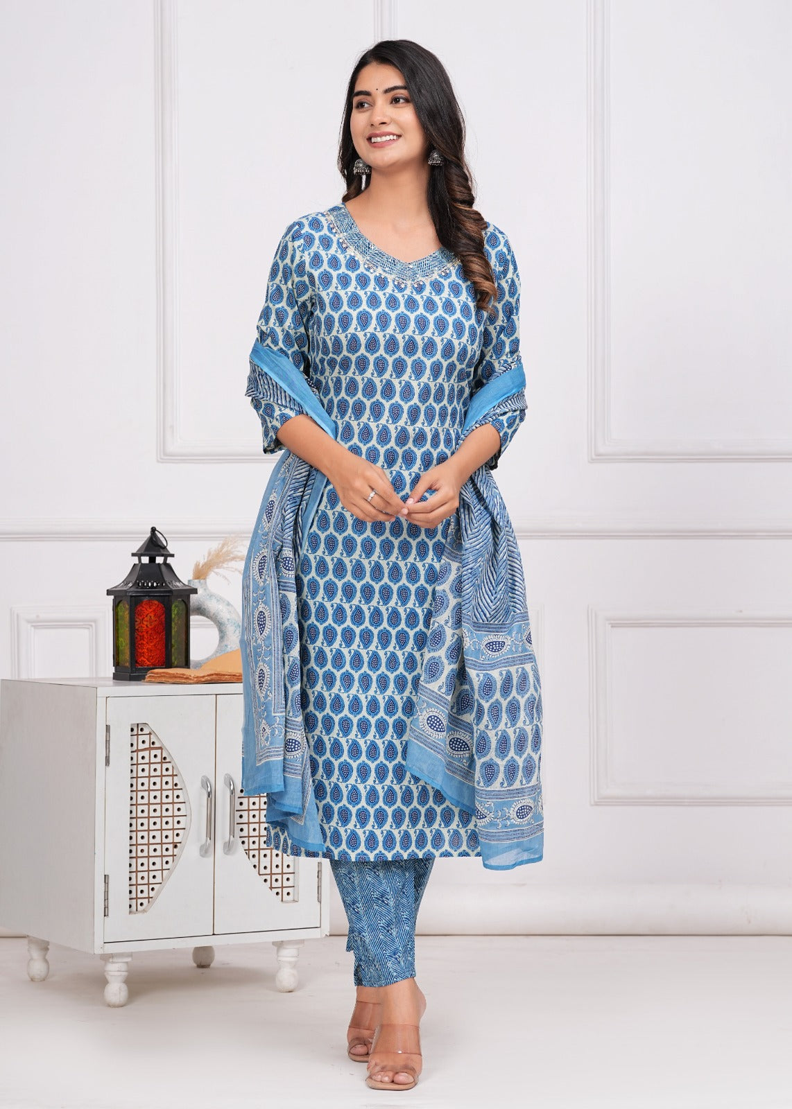 Cotton Printed Straight Kurti with Pant and Dupatta