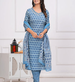 Cotton Printed Straight Kurti with Pant and Dupatta