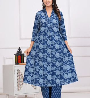 Cotton Printed A-Line Kurti with Plazzo and Dupatta