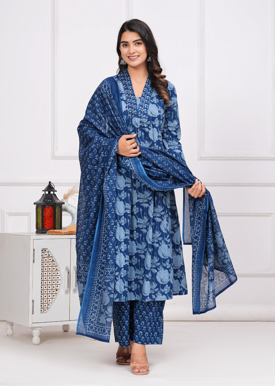 Cotton Printed A-Line Kurti with Plazzo and Dupatta