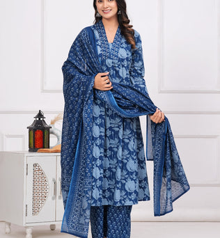 Cotton Printed A-Line Kurti with Plazzo and Dupatta