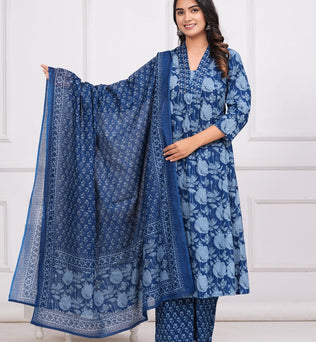 Cotton Printed A-Line Kurti with Plazzo and Dupatta