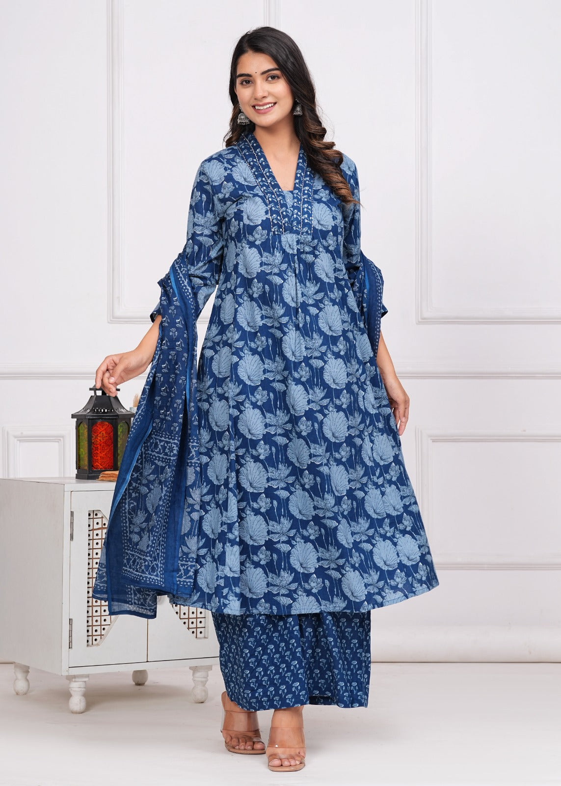 Cotton Printed A-Line Kurti with Plazzo and Dupatta