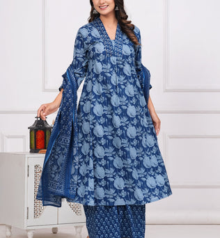 Cotton Printed A-Line Kurti with Plazzo and Dupatta