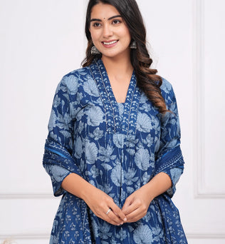 Cotton Printed A-Line Kurti with Plazzo and Dupatta