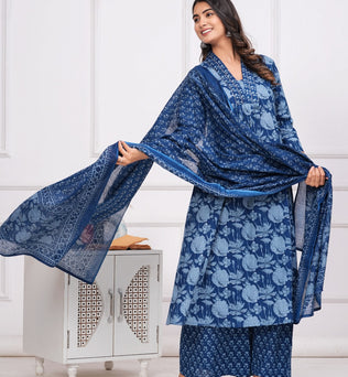 Cotton Printed A-Line Kurti with Plazzo and Dupatta