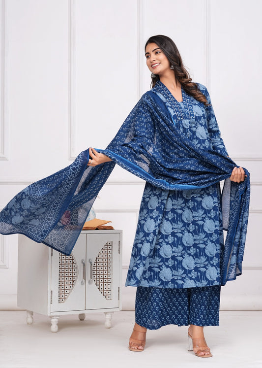 Cotton Printed A-Line Kurti with Plazzo and Dupatta