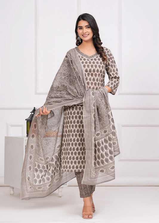 Cotton Printed Kurti with Pant and Dupatta