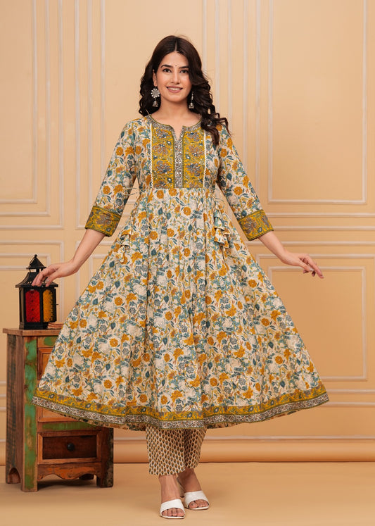 Cotton Anarkali Kurti with Pant and Dupatta