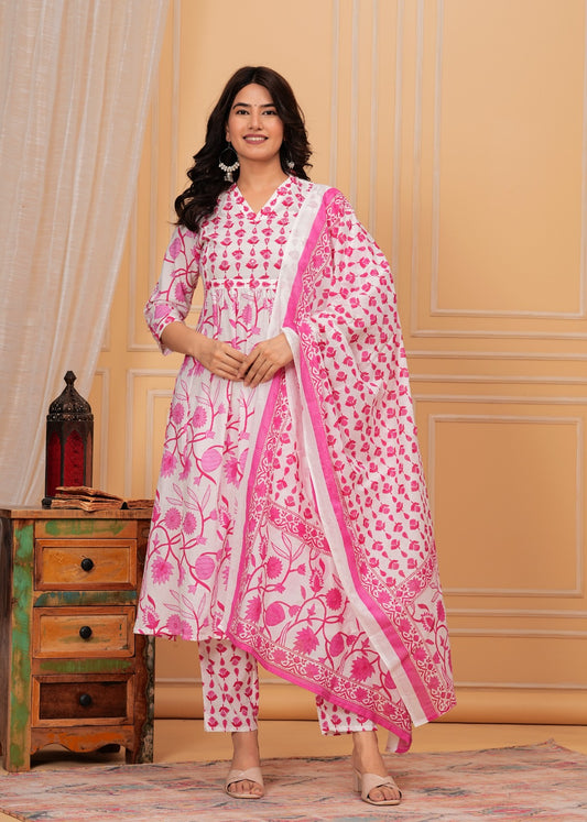 Cotton Printed Kurti with Pant and Dupatta