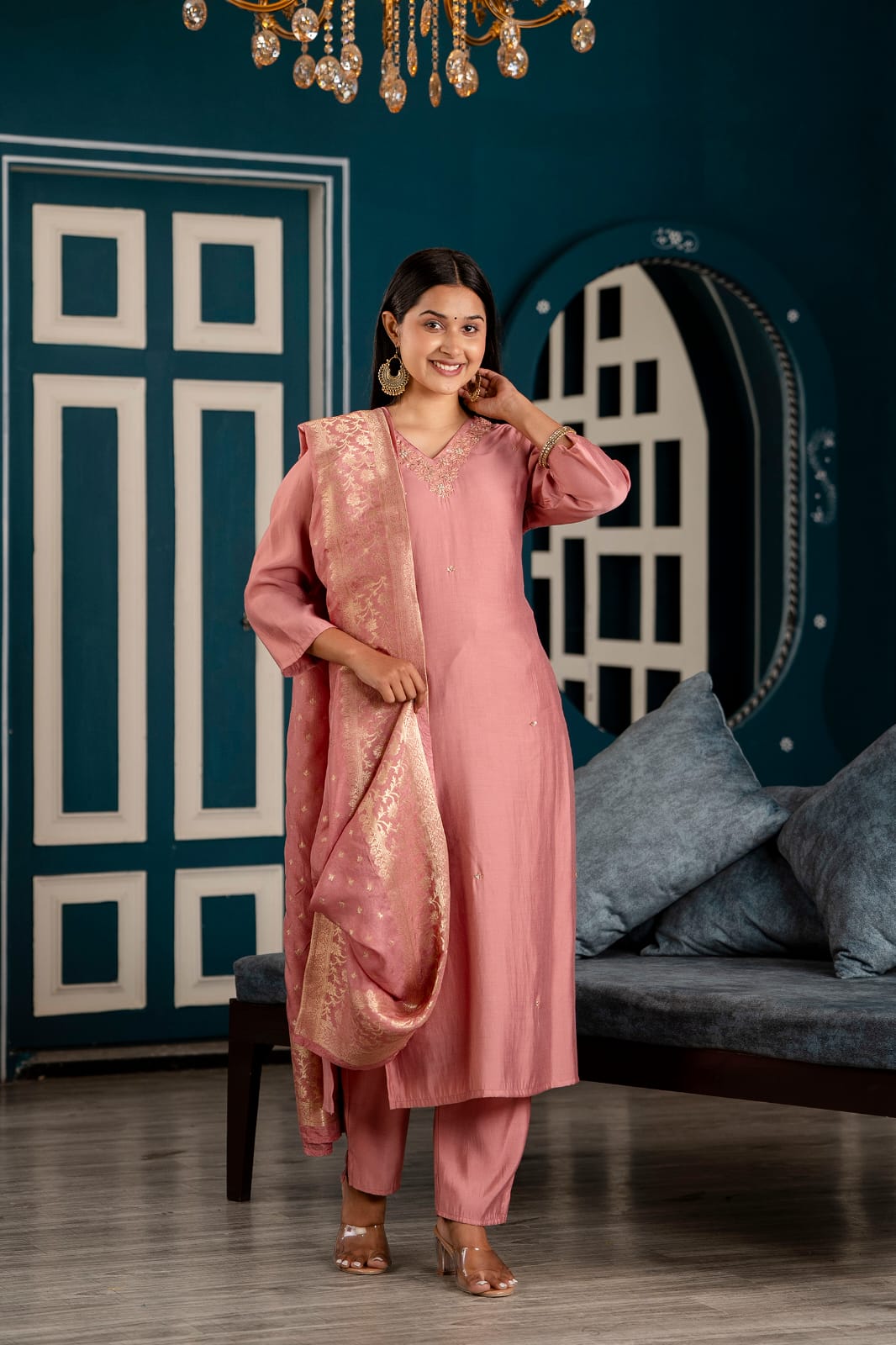 Muslin Sttraight Kurti with Pant and Banarasi Dupatta