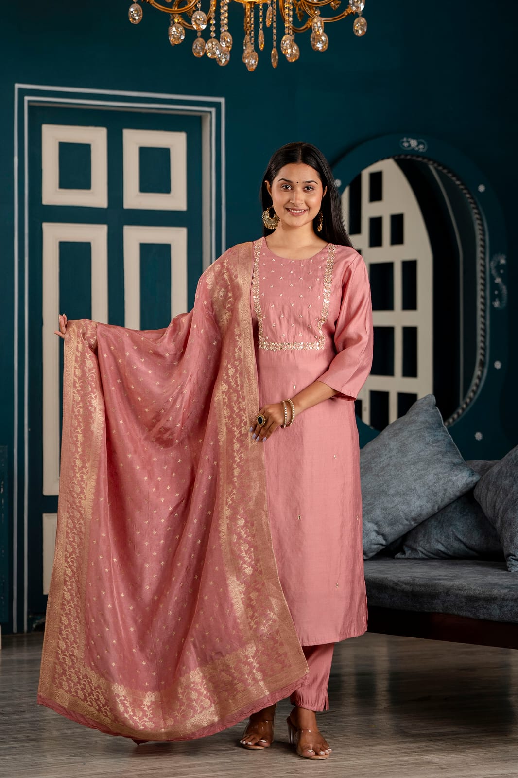 Muslin Sttraight Kurti with Pant and Banarasi Dupatta