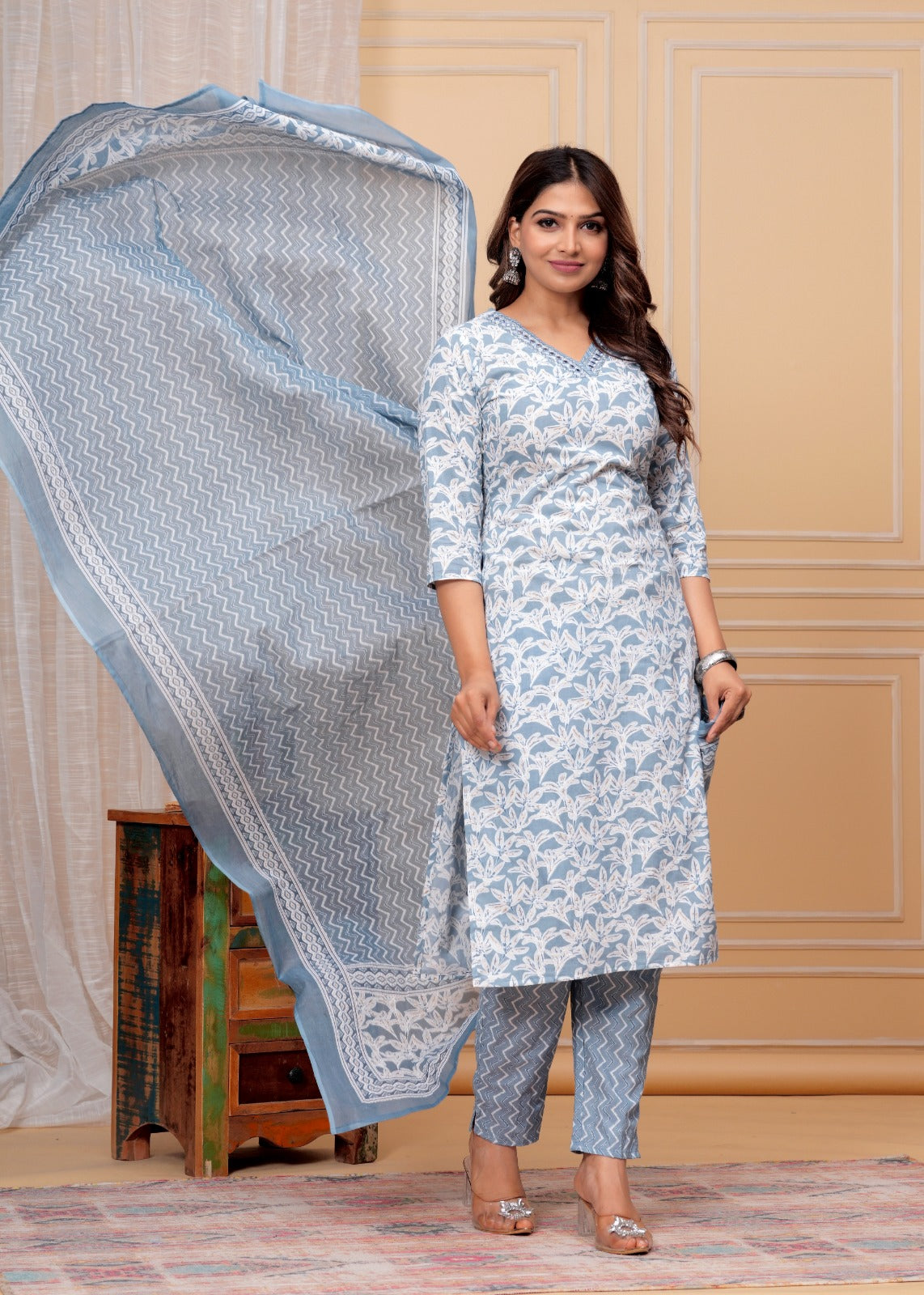 Cotton Straight Kurti with Pant and Dupatta